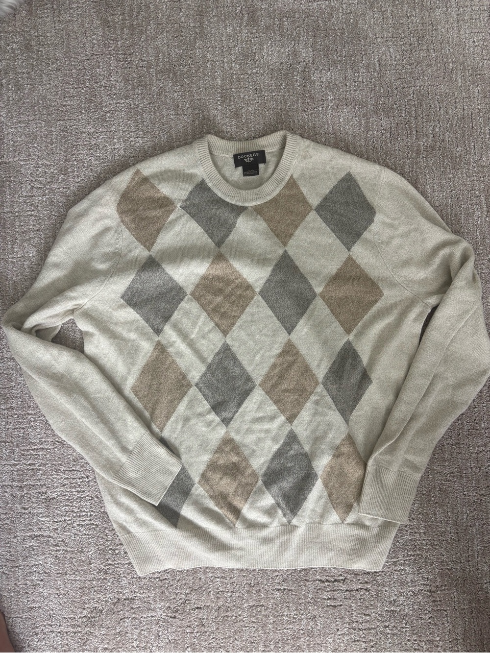 Dockers Men's Cream Crewneck Sweater with Taupe & Gray Argyle